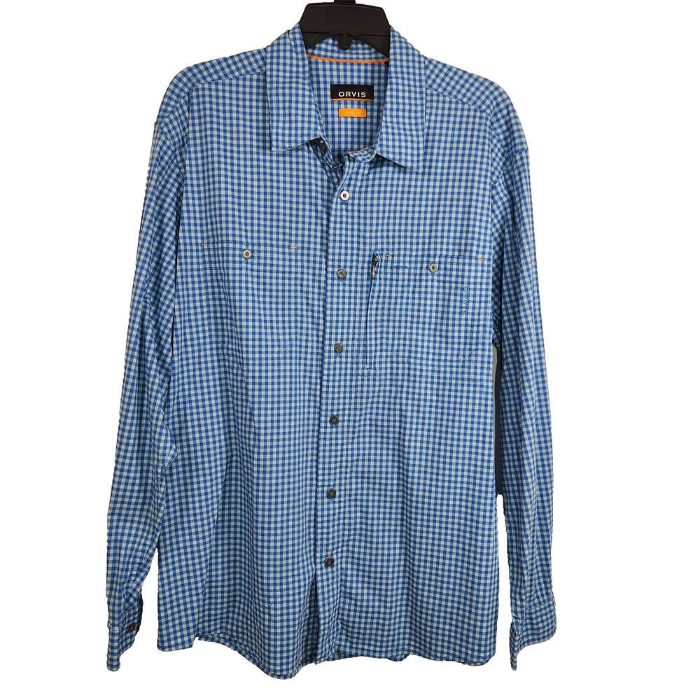 Orvis Mens River Guide Fishing Shirt L Blue Long Sleeve Button Up Zipper Pocket